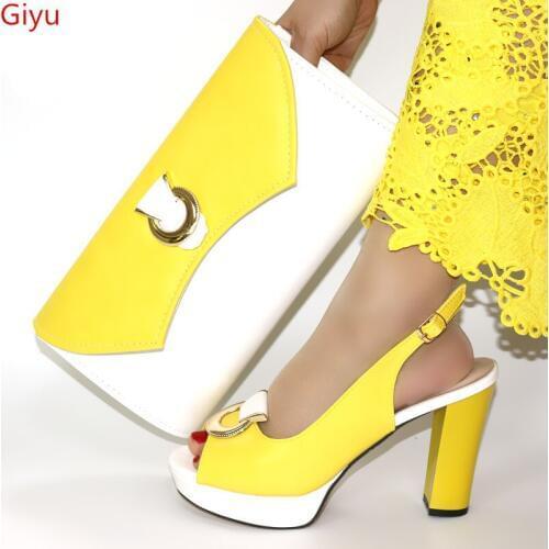 Doershow nice Shoes and Bag Set African Sets yellow Color Italian Shoe Bag Set Decorated with Rhinestone High Quality! HWQ1-1