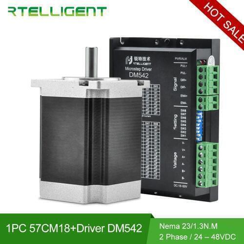 Rtelligent DM542 Nema 23 Stepper Motor Driver 24-48V with Nema 23 Stepper Motor 1.3N.M 76cm shaft 6.35mm 57CM18 for CNC Machine