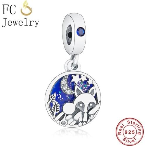 FC Jewelry Fit Orginal Brand Charm Bracelet 925 Silver Fox & Rabbit Moon Star Blue Lampwork Sky Bead Making Moments Berloque