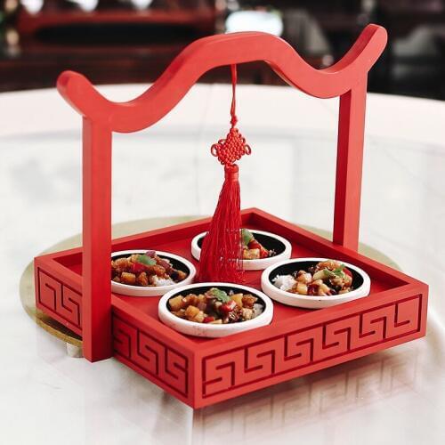 Characteristic Chinese knot red wood four trellis box two case restaurant hotel creative bamboo wood tableware tray bowl