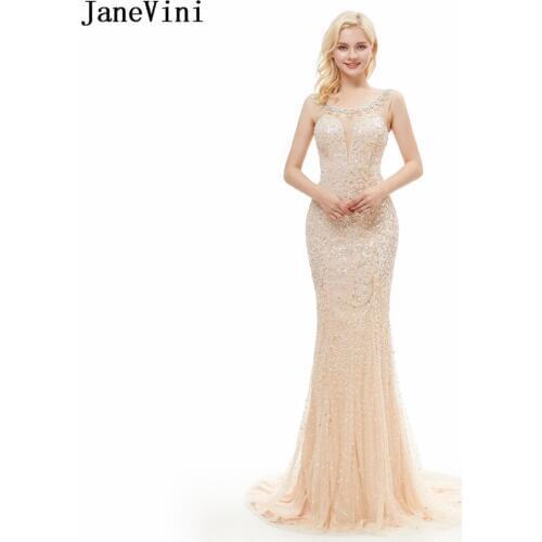 JaneVini Sparkly Crystal Champagne Mother of The Bride Dresses Scoop Neck Sequined Beading Dubai Luxurious Mermaid Evening Gowns