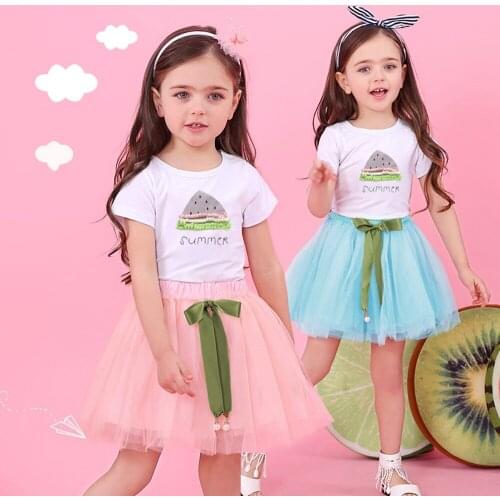 Girls Clothing Sets 2021 Brand Girls Clothes Summer Printed Shirt Short Sleeve T-shirt+Skirts Bow Suits 2Pcs Princess Dress Girl