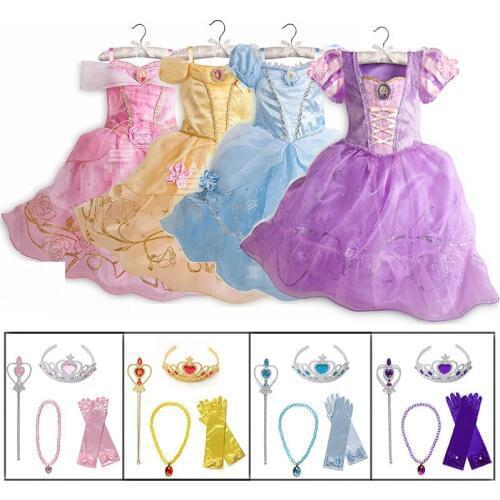 Little Girls Princess Mermaid Sleeping Beauty Belle Dress up Costume with Accessories Kids Elza Anna Snow White Aladdin Cosplay