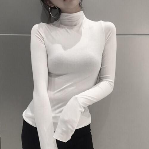 Fashion Solid Colors Women T-shirts Long Sleeve Slim Turtle Neck Shirts Women Tops Women Autumn Basic Tee Bottoming Shirt