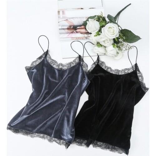 Fashion Sexy Lace Patchwork V-neck Velvet Crop Tops 2018 Summer Women Sleeveless Slim Velour Short Camisoles Ladies Tank Top
