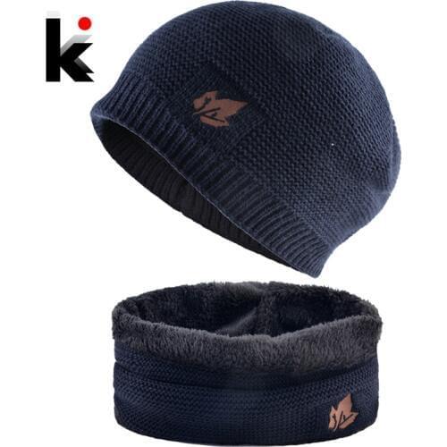 Men Winter Hat Scarf Sets Fashion Maple Leaf Knitted Skullies Beanies Man Thick Add Velvet Knit Bonnet Cap Boys Scarves Set