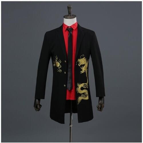 Mens Long Jacket Golden Dragon Embroidered Trench Coat Grooms Groomsmen Wedding Dress Stage Performance Costume
