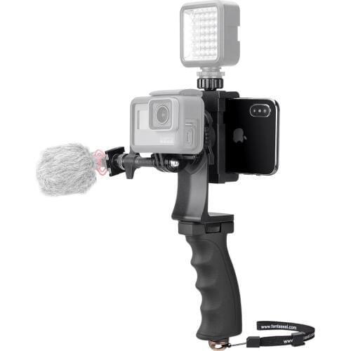 2in1 Action Camera+Smartphone SYN Video Kit Hand Grip Stabilizer Camcorder Handle Mount Vlog Rig Holder for Gopro Sony+iPhone