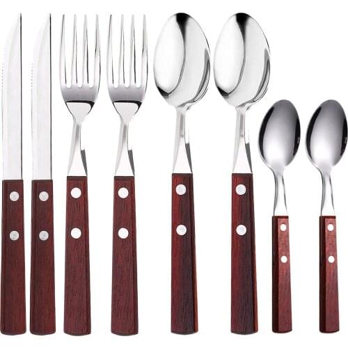 Wood Cutlery Set Including Fork Spoon Knife Set,Stainless Steel Tableware Dinnerware Set with Wooden Handle