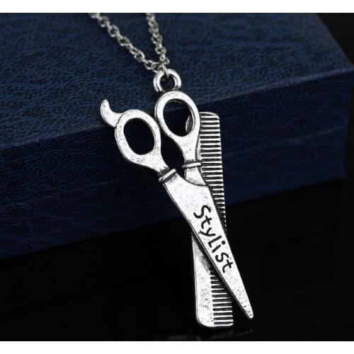 2017 New Fashion Metal Jewelry High Quality Handmade Hairdresser Barber Comb Scissors Pendant Charm Necklace Chain Stylist Chain