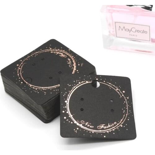 Cute 5*5cm 100pcs/lot Dangle Earrings Black Paper Cards Jewelry Package Rose Gold Logo Card Hanger Tags High Quality