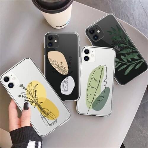 Original Clear Art Leaves Flower Plant Case For iPhone 11 12 Pro Max 12 Mini X XR XS Max 6 7 8 Plus 5S SE 2020 Soft Back Coque