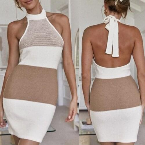 Dresses for women 2021 Popular summer color contrast dress sexy neck open back slim sleeveless knitted sweater dress traf za