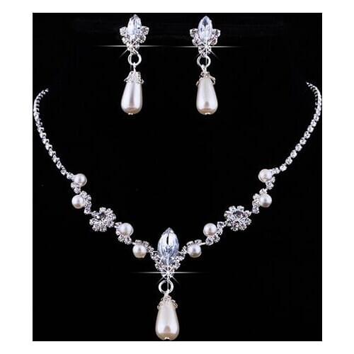 Bridal Wedding Imitation Pearl Rhinestone Necklace Water Drop Earrings Set Jewelry Set, Beautiful Imitation Pearl, Stud Earrings