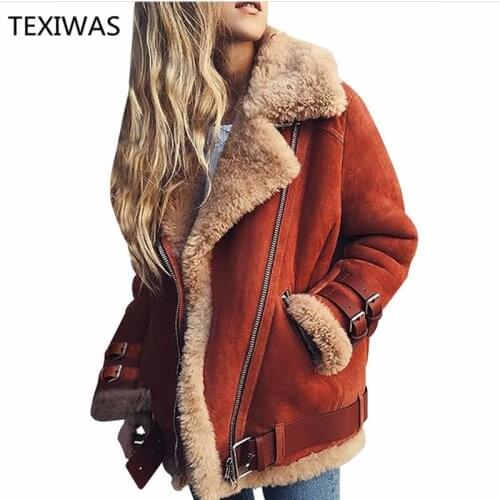 TEXIWAS Autumn winter Lamb fur deerskin cashmere coat jacket with belt Lapel Thicken Cotton jacket Warm Short Parka coat Tops