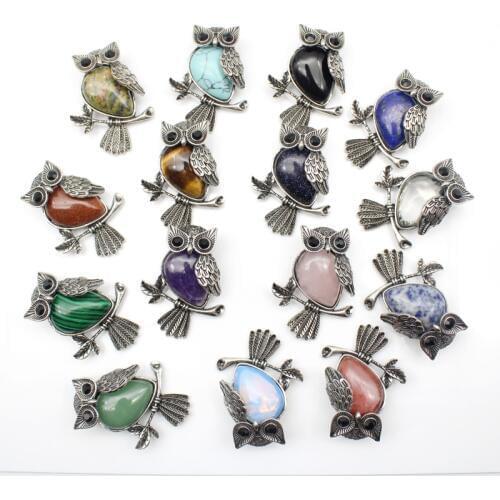 1pcs Vintage Silver Plated Owl Natural Stone tiger eye Turquoises lapis Brooch For Women Charms Jewelry Brooches Free shipping