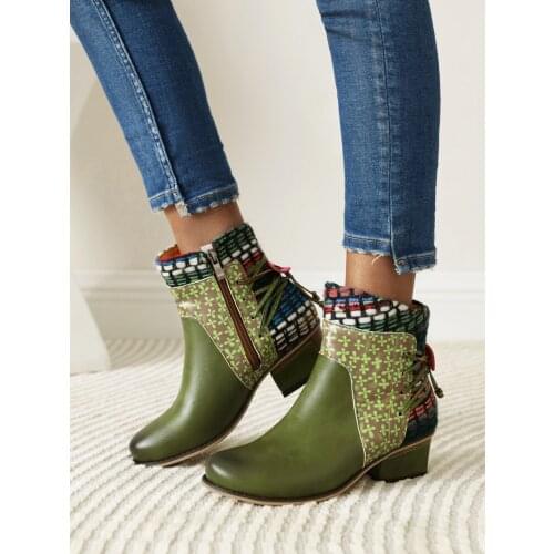 Cross Straps Color Matching Pattern Ethnic Style Ankle Boots Breathable Mesh Inner Lining Autumn New Female Short Boots 2021