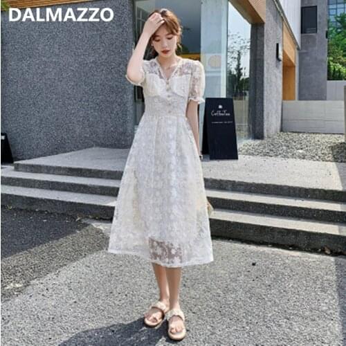 DALMAZZO Women V Neck Single-Breasted Mesh Embroidery Holiday Long Dress 2021 Summer Designer Lady Slim A Line Vestidos Female