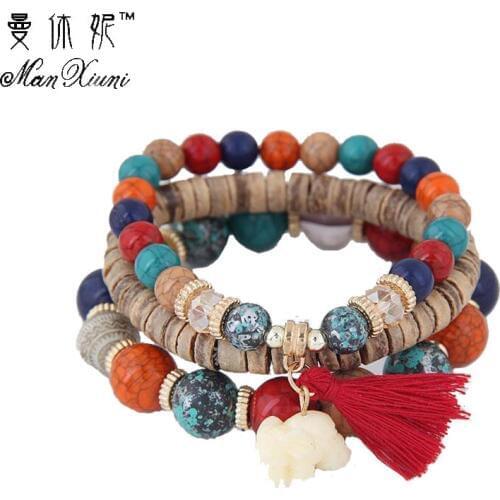 2020 Cute Wood Bead Bohemia Elastic Charms Bracelets & Bangles Wooden Beads Bracelet Multilayers Pulseras Women