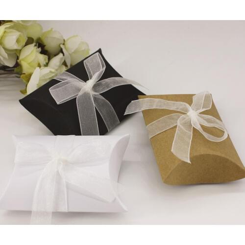 50pcs/lot Black Pillow Shape Wedding Candy Box With Ribbon DIY Birthday Party Favor White Gift Box Small Decoration Present Box