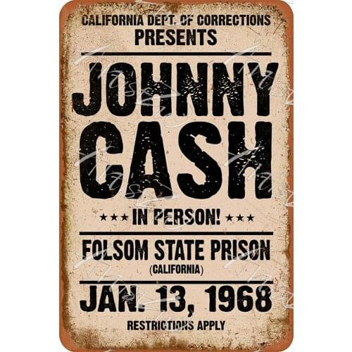 Aowotu Johnny Retro Metal Tin Sign 1968 Cash in Person Folsom State Prison Vintage Decorative Tin Sign for Bar Music Home Coffee