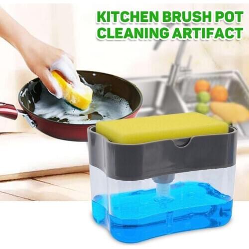Kitchen Dishwasher Detergent Liquid Press Dispenser Box with Sponge Cleaning Pad