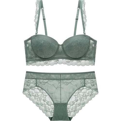 2020 New Lace Half Cup Bra with Removable Straps Push Up Bra and Panties Set Underwear Women Lingerie White Black Green