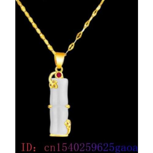 Jade Bamboo Pendant Necklace Gifts Jewelry Women Chinese Natural Charm Hetian 925 Silver Amulet Chalcedony Fashion