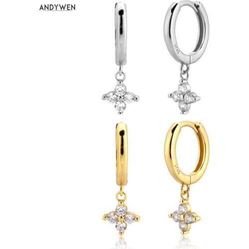 ANDYWEN 925 Sterling Silver Clear Zircon Charms Pendientes Luxury Fashion Jewelry Fine Crystal CZ Loops Piercing For European