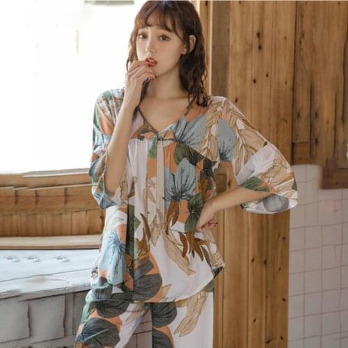 Pijama Set Womens Half Sleeve Floral Print V Neck Summer Thin Ladies Home Clothes Pyjama Suit with Pants Sleepwear for Female