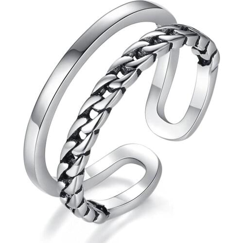 Oule Layer Vintage Punk Adjustable Thai Silver Color Ring For Women Mens Korean Trendy Simple Tibetan Jewelry Gifts