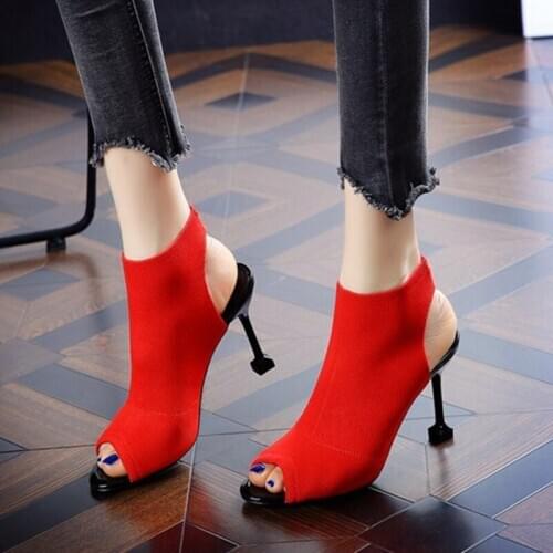 Fashion Womens Sandals Luxury Female Shoe Summer Sandal For Women Wedding Heels Red Knitting Fish Mouth Sexy High Heels Shoes