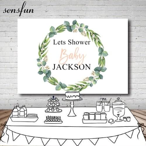Sensfun Baby Shower Photography Backdrop White Theme Green Leaves Circle Birthday Party Bridal Shower Backgrounds 7x5ft Vinyl