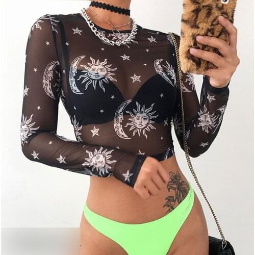 Kayotuas Women Blouse New Sexy Sheer Mesh Sun Moon Print Long Sleeve Slim Tops O-Neck Transparent Hot Streetwear