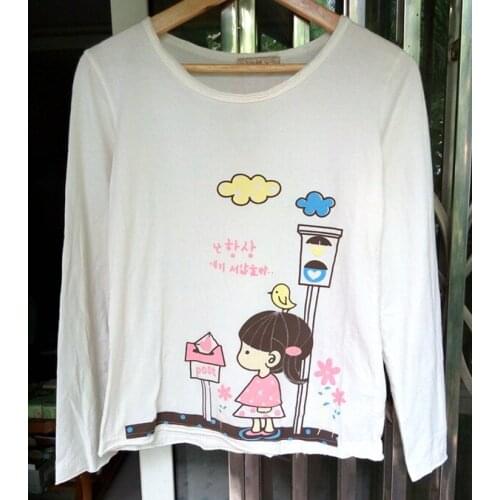 New women Autumn cute cartoon Send letter Girl print comfortable O-neck casual full sleeve cotton T-shirt Bottoming shirt