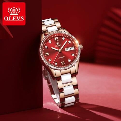 OLEVS Automatic Watch for Women Luxury Brand Ceramic Steel Strap Mechanical Watch Diamond Waterproof Female Clock Montre Femme