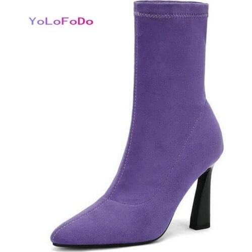 Purple Blue Apricot Women Ankle Boots Fashion Pointed Toe Thin High Heel Ladies Stretch Boots Faux Suede High Quality Boots 2021