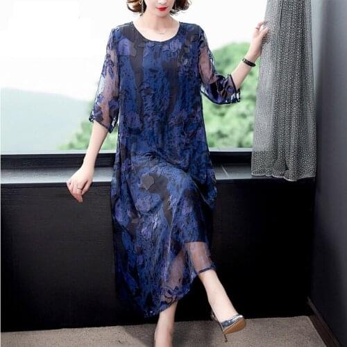 Mulberry Silk Dress Female Spring 2021 New High-End Elegant Lady Smog Blue Large Size Women Dress Fashion Print Loose Robe M295