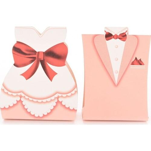 100Pcs Bridal Gift Cases Groom Tuxedo Dress Gown Ribbon Wedding Favors Candy Boxes (50 Groom Tuxedo Boxes+50 Bride Dress Boxes)