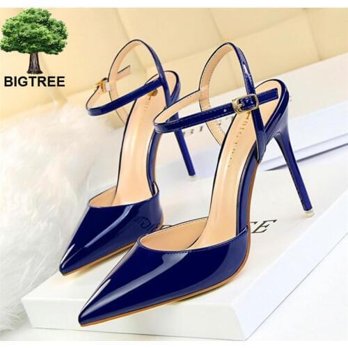 BIGTREE Concise Patent Leather Shallow Women Sandals Pointed Toe Fashion Buckle High Heels Shoes Womens Dress Shoes Thin Heels