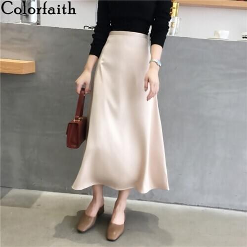Colorfaith 2021 Womens Skirts Spring Fall Casual Vintage Solid Multi Colors High Waist Ankle-Length A-Line Satin Skirts SK896