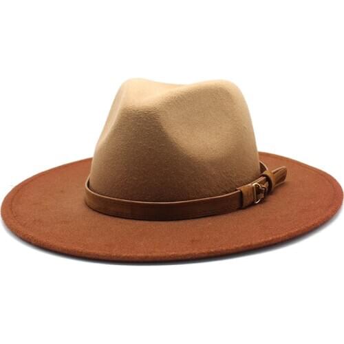 Women Men Wool Felt Fedora Hat With Leather Belt Buck Gentleman Lady Winter Autumn Gradient Color Jazz Church Panama Hat