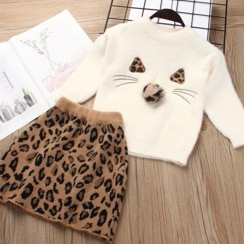 Autumn and winter childrens leopard sweater dress two-piece wool clothing suit long sleeve kids girls girls clothes knitted top