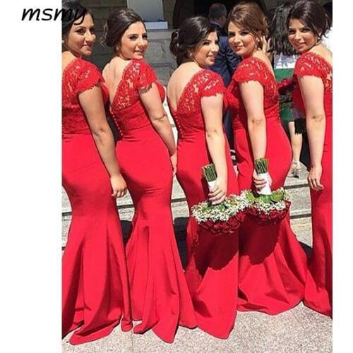 Pretty A-Line V-Neck Bridesmaid Dresses Cap Sleeves Red Cheap Long Bridesmaid Dresses With Lace Custom Made