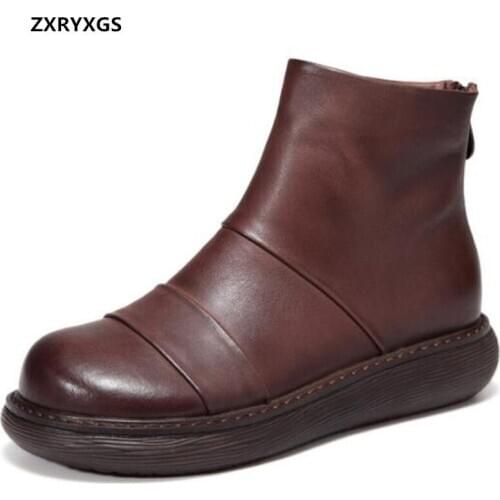 Best Sale Top Cowhide Chelsea Boots Autumn 100% Natural Genuine Leather Shoes Woman Boots Casual Shoes Flat Comfort Ankle Boots