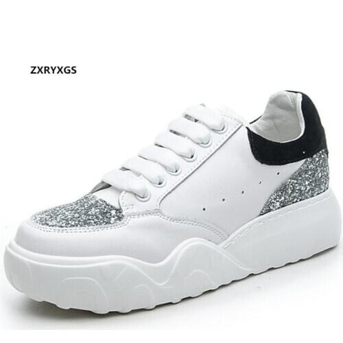 Best Sale New Fashion Sequin Genuine Leather Shoes Thick Bottom Casual Sneakers Shoes Womans Shoes Spell Colors Large Size 43