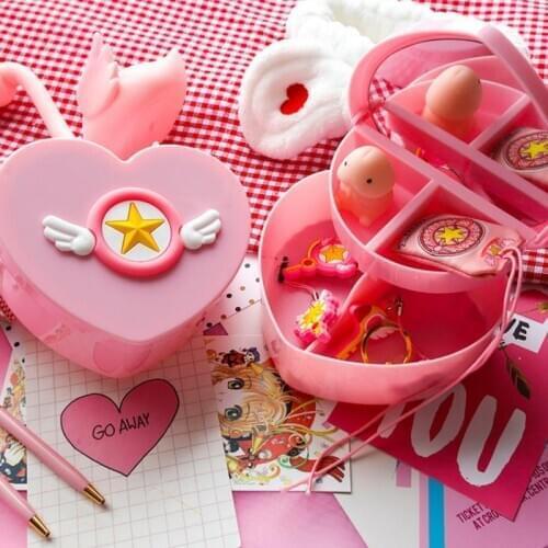 1pc New Cute Anime Card Captor Sakura Action Figure Printed Magic Wand Stars Wing Heart Shape Mini Girls Jewelry Storage Box Toy
