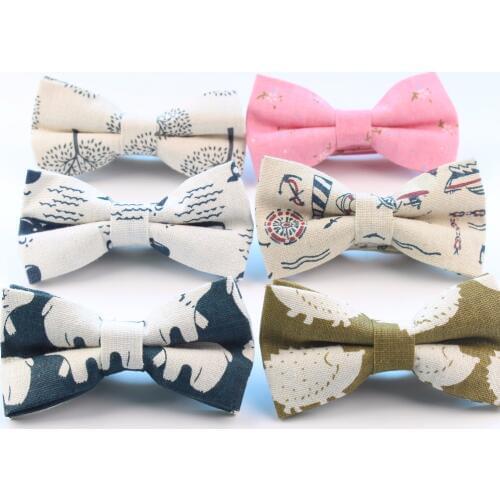 Mens Cool Linen Printed Hedgehog Boat Bear Whale Bowtie Man Neck Tie Cashew Nut Bowknot Gravatas Necktie Summer Butterfly Ties