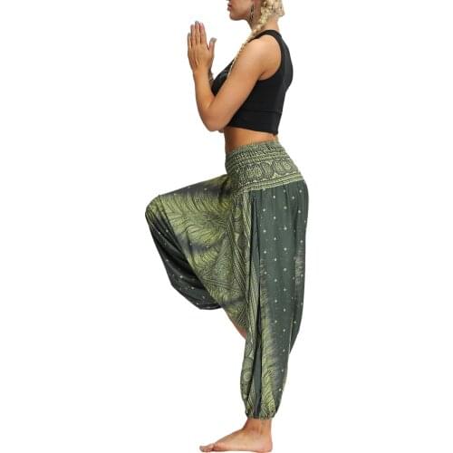 2021 New Womens Bohemian Yoga Pants Hippy Harem Smocked Waist Trousers Flowy Loose Beach Pants