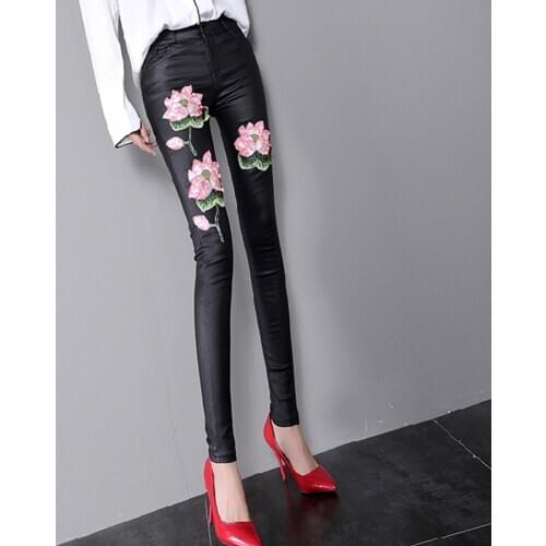 Fall Winter Fashion Women Designer Embroidery PU Leather Stretch Pencil Pants , Autumn Casual Woman Female Slim Elastic Trousers